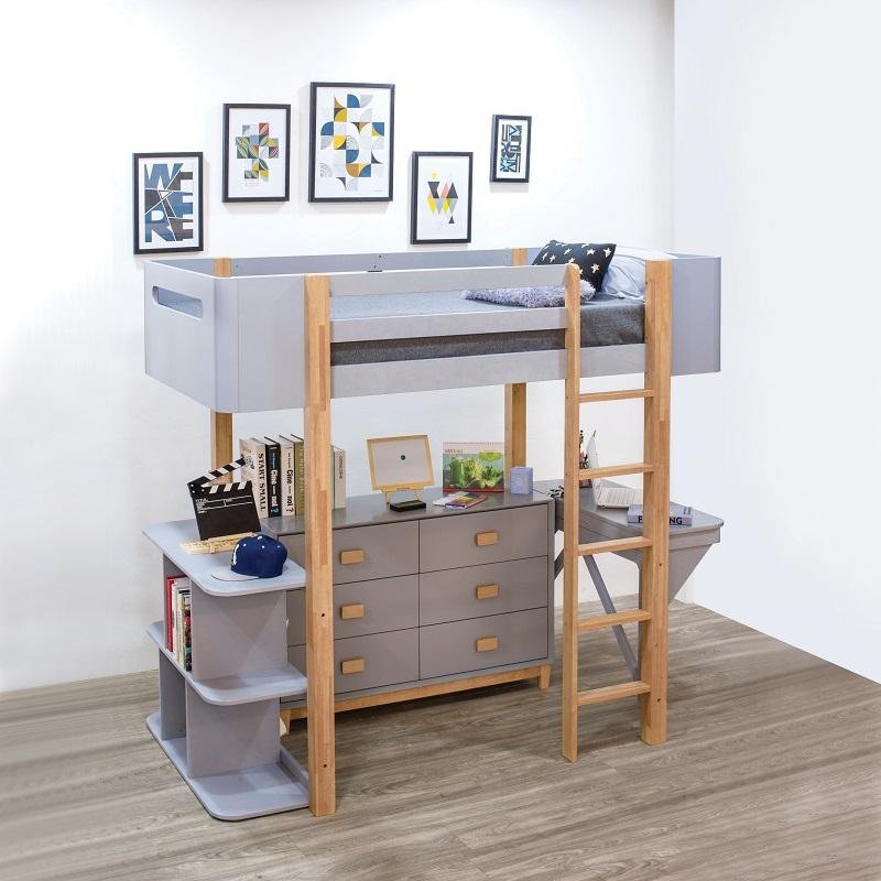 Saiyan Loft Bed w/Desk & Bookshelf in Gray & Natural ACME