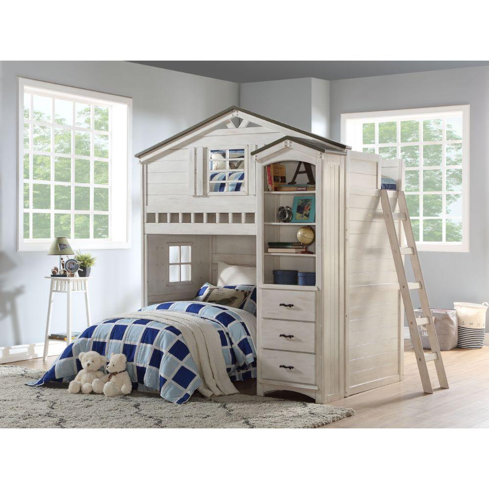 Tree House Loft Bed Twin Size, Weathered White & Washed Gray ACME